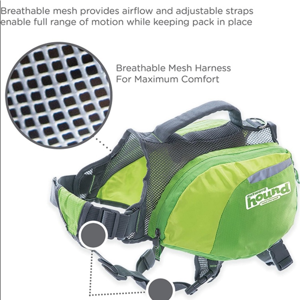 SMALL GREEN Outward Hound Doggie Day Pak, 4 pockets & D-ring for leash